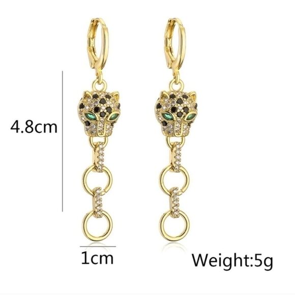 18K Gold Pavé Leopard Inspired Hoop Dangle Drop Earrings - Picture 2 of 2